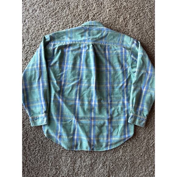 Gap Faded Sea Green Periwinkle Blue Soft Yellow Tattersall Plaid XL Flannel - Picture 4 of 7